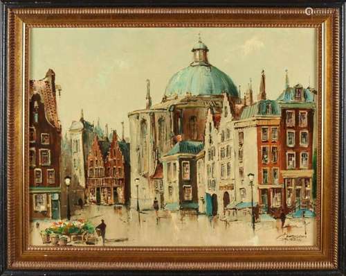 Guerin. 20th century. Cityscape Amsterdam with figures on market. Oil paint on linen. Size: 60 x