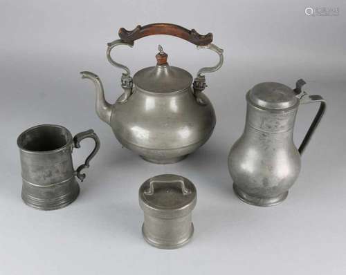 Four times antique tin. 18th - 19th Century. Consisting of: Pouring jug, screw cap holder, lid