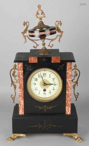 Antique French marble pendulum with vase. Circa 1880. Bent + tear. Clock has eight-day clockwork,