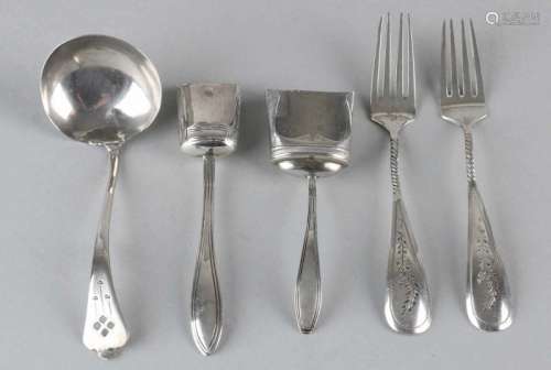 Lot of silver spoons and forks, 833/000, 2 sugar scoops with fillet, a ladle and 2 meat forks with