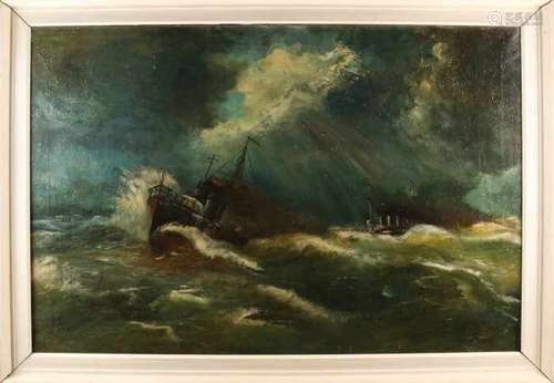 Frans Baaijens. 1896 - 1970. Large seascape ships in storm. Oil paint on linen. Size: 77 x 107 cm.