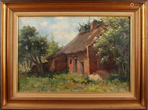 C. Balwé. Circa 1920. Boer barn with blossom trees. Oil paint on linen. Size: 30 x 45 cm. In good