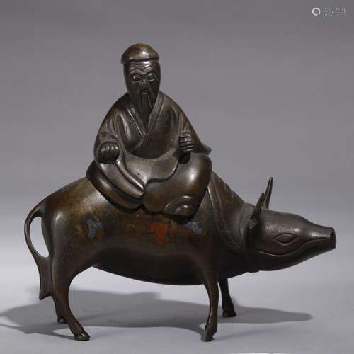 CHINESE ARCHAIC BRASS HUMAN RIDING PIG