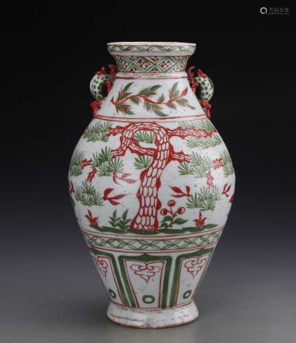 CHINESE RED AND GREEN OLIVE-SHAPE VASE