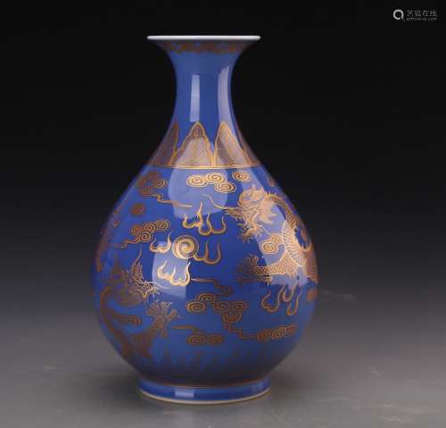 CHINESE BLUE GLAZED AND GILT DRAGON VASE WITH XUANTONG MARK