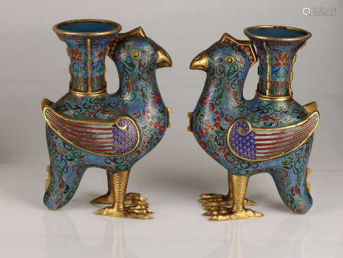 A PAIR CHINESE BRONZE CLOISONNE ROOSTER