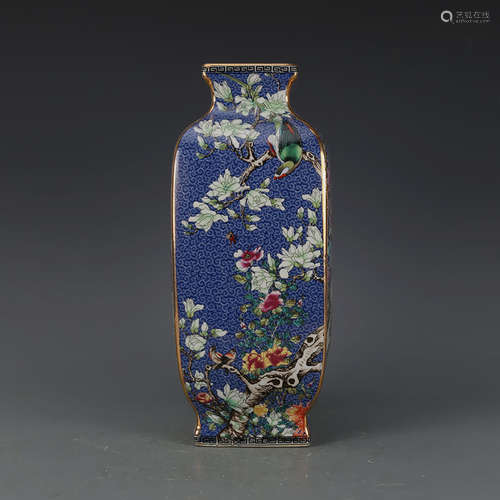 CHINESE BLUE GROUND FAMILLE ROSE VASE WITH QIANLONG MARK