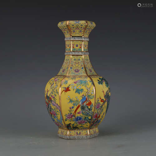 CHINESE YELLOW GROUND FAMILLE ROSE VASE WITH QIANLONG MARK