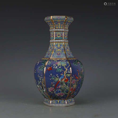 CHINESE BLUE GROUND FAMILLE ROSE VASE WITH QIANLONG MARK