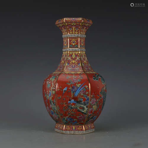 CHINESE RED GROUND FAMILLE ROSE VASE WITH QIANLONG MARK