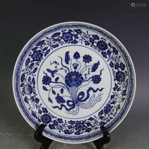 CHINESE BLUE AND WHITE LOTUS PLATE WITH YONGZHENG MARK