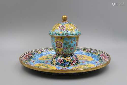 CHINESE BRONZE CLOISONNE CUP AND STAND