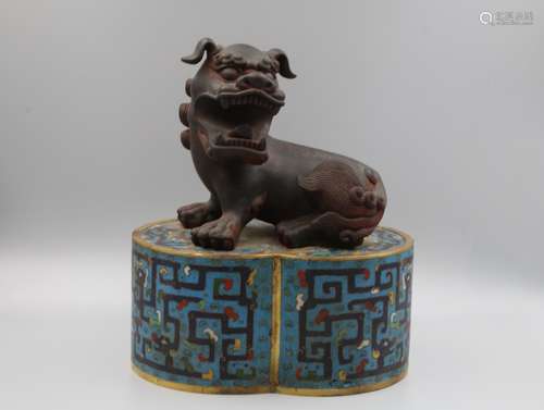 CHINESE BRONZE CLOISONNE LION PAPERWEIGHT