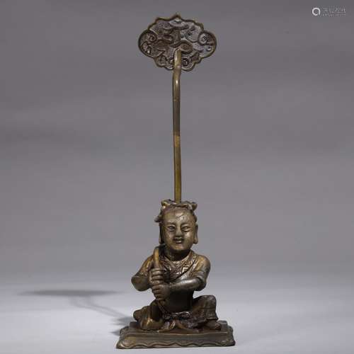 CHINESE ARCHAIC BRONZE CHILD HOLDING RUYI