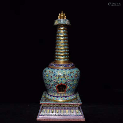 17-19TH CENTURY, AN ENAMEL FLOWER PATTERN GILT BRONZE PAGODA, QING DYNASTY