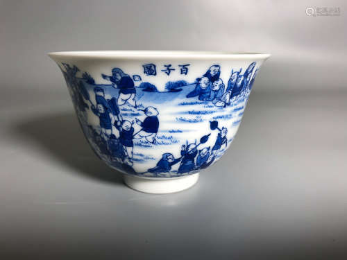 17-19TH CENTURY,A BLUE & WHITE  BAIZI TU PAINTING CUP, QING DYNASTY