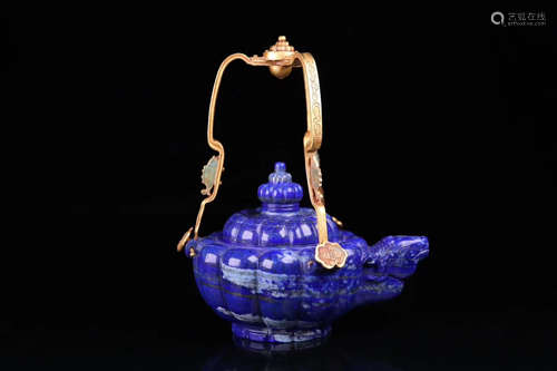 17-19TH CENTURY, A GILT SILVER PUMPKIN DESIGN LAPIS LAZULI HANDLE TEAPOT, QING DYNASTY