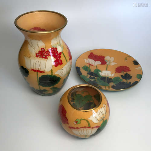 A SET OF JAPAN POPPY PATTERN CLOISONNE PORCELAIN