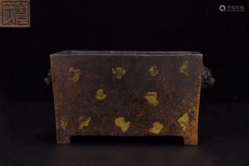 18-19TH CENTURY, A DOUBLE-EAR SQUARE BRONZE CENSER, LATE QING DYNASTY