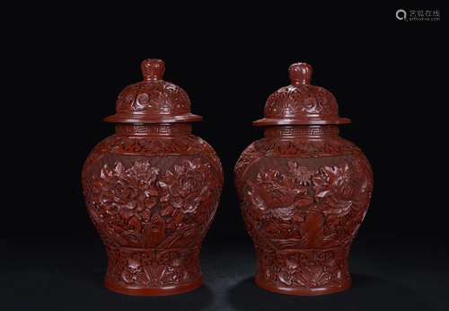 A PAIR OF PEONY PATTERN  RED LACQUER CARVING HAT-COVERED JAR