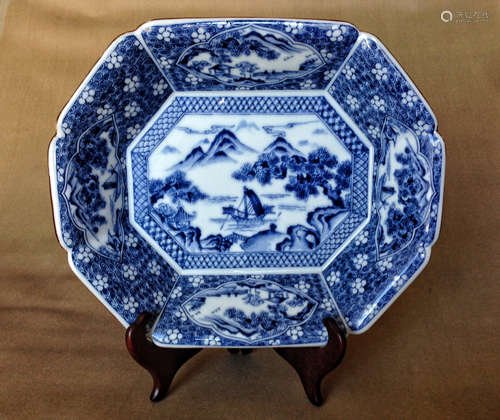 A LANDSCAPE PATTERN BLUE&WHITE OCTAGONAL PLATE