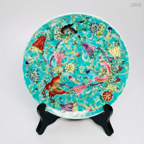 A MELON&BUTTERFLY PATTERN TURQUOISE GLAZED PLATE