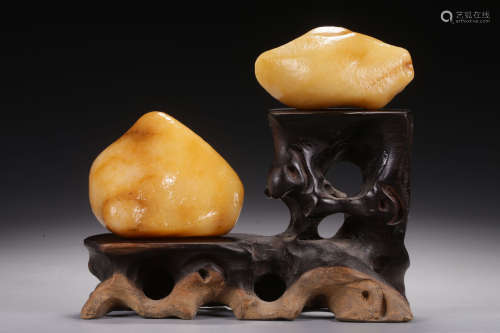 TWO NATURAL INDONESIAN TIANHUANG STONES WITH STAND