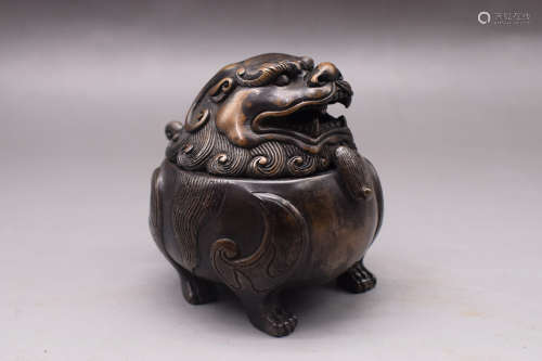 BRONZE CAST 'MYTHICAL BEAST' CENSER WITH LID