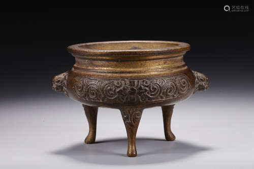 BRONZE CAST TRIPOD CENSER WITH LION MASK HANDLES