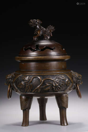 BRONZE CAST TRIPOD CENSER WITH HANDLES AND COVER
