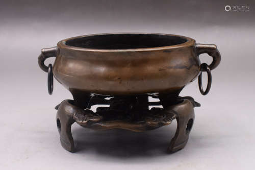 BRONZE CAST TRIPOD CENSER WITH HANDLES AND STAND