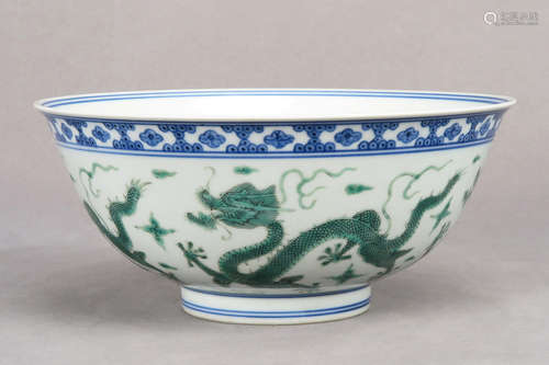 BLUE AND WHITE UNDERGLAZED GREEN 'DRAGONS' BOWL