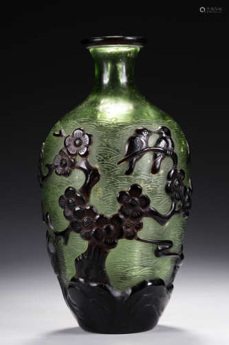 GREEN GLASS AND OVERLAY 'FOREST SCENERY' BOTTLE VASE