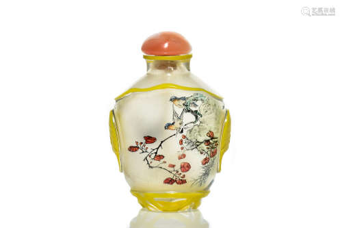 YELLOW AND WHITE GLASS PAINTED 'FLOWERS AND BIRDS' SNUFF BOTTLE