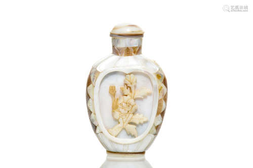 MOTHER OF PEARL CARVED SNUFF BOTTLE