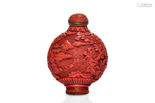 CINNABAR LACQUER CARVED SNUFF BOTTLE