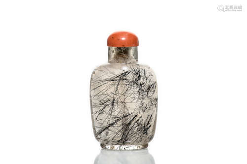 GLASS SNUFF BOTTLE WITH CORAL STOPPER