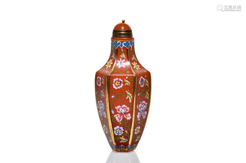 RED GLASS PAINTED 'FLOWERS' SNUFF BOTTLE