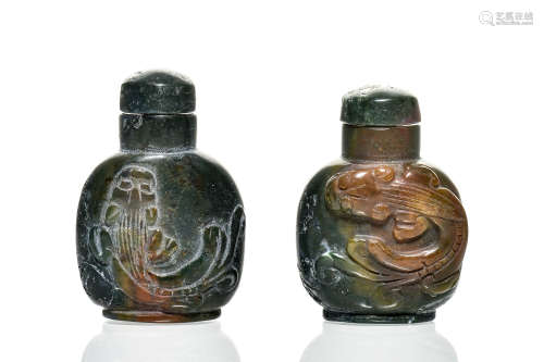 TWO JADE CARVED SNUFF BOTTLES