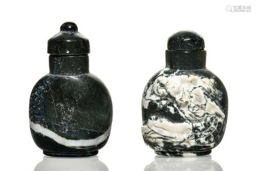 TWO JADE CARVED SNUFF BOTTLES