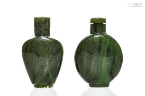 TWO JADE CARVED SNUFF BOTTLES