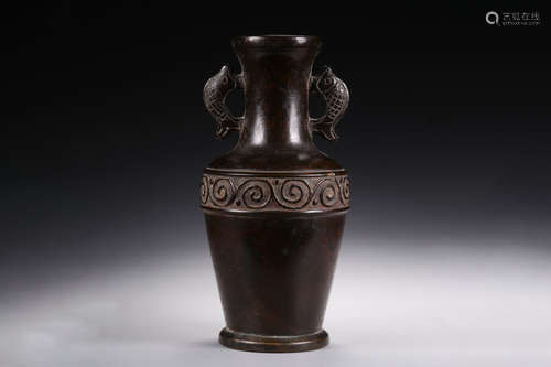 BRONZE CAST VASE WITH DOUBLE FISH HANDLES