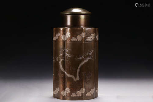 BRONZE CARVED 'THREE FRIENDS OF WINTER' TEA JAR