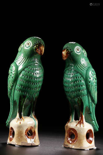 PAIR OF SANCAI GLAZED PARROTS