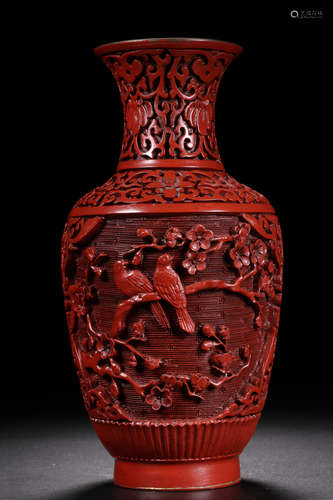 CINNABAR LACQUER CARVED 'FLOWERS AND BIRDS' VASE