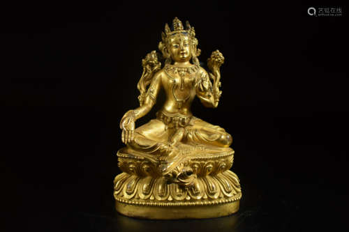 GILT BRONZE CAST 'GREEN TARA' SEATED FIGURE