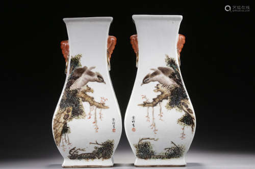 PAIR OF FAMILLE ROSE 'BIRDS AND CALLIGRAPHY' VASES
