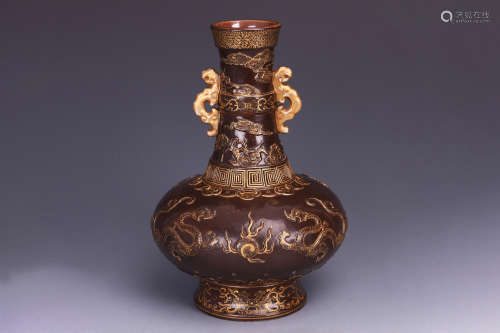 BROWN GLAZED 'DRAGONS' VASE WITH HANDLES