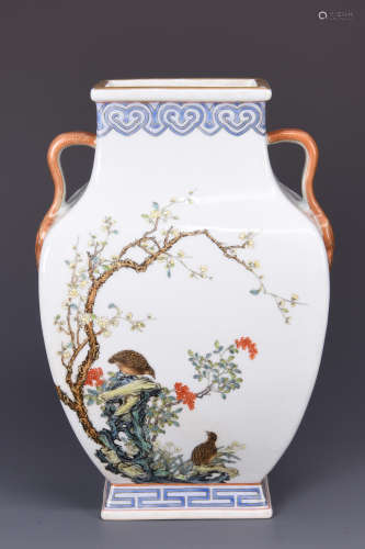 FAMILLE ROSE ' FLOWERS AND BIRDS' ROUNDED RECTANGULAR VASE WITH HANDLES