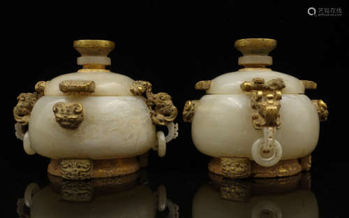 CHINESE PAIR OF ARCHAIC JADE COVER CENSERS